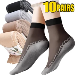1/10pairs Silk Velvet Ankle Short Sox Elastic Lace Socks Women Transparent Ultrathin Female Mesh Non-Slip Bottom Splice Sock