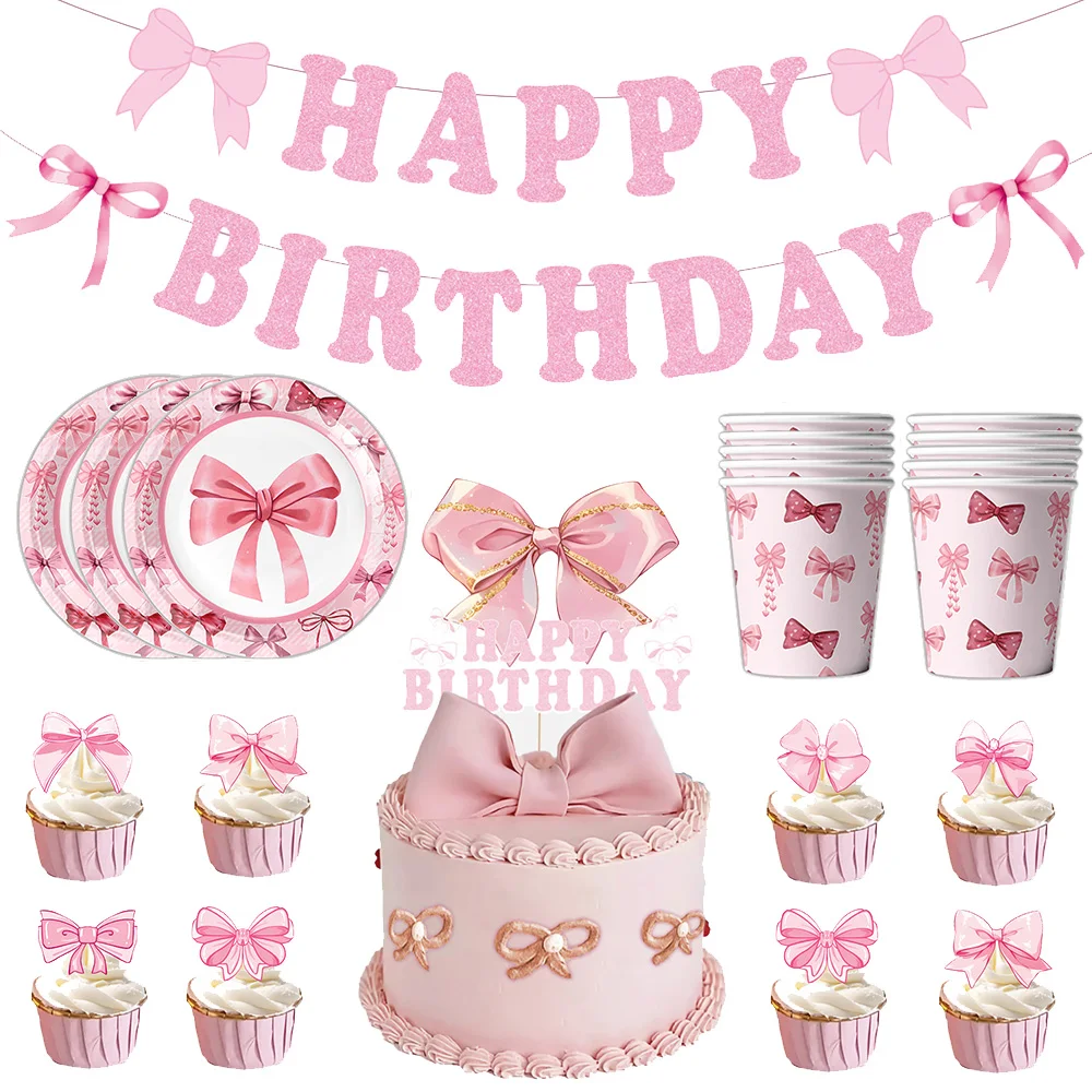 Girls Birthday Pink Bow Disposable Tableware Plate Happy Birthday Cake Toppers Banner Women Mother's Birthday Party Supplies