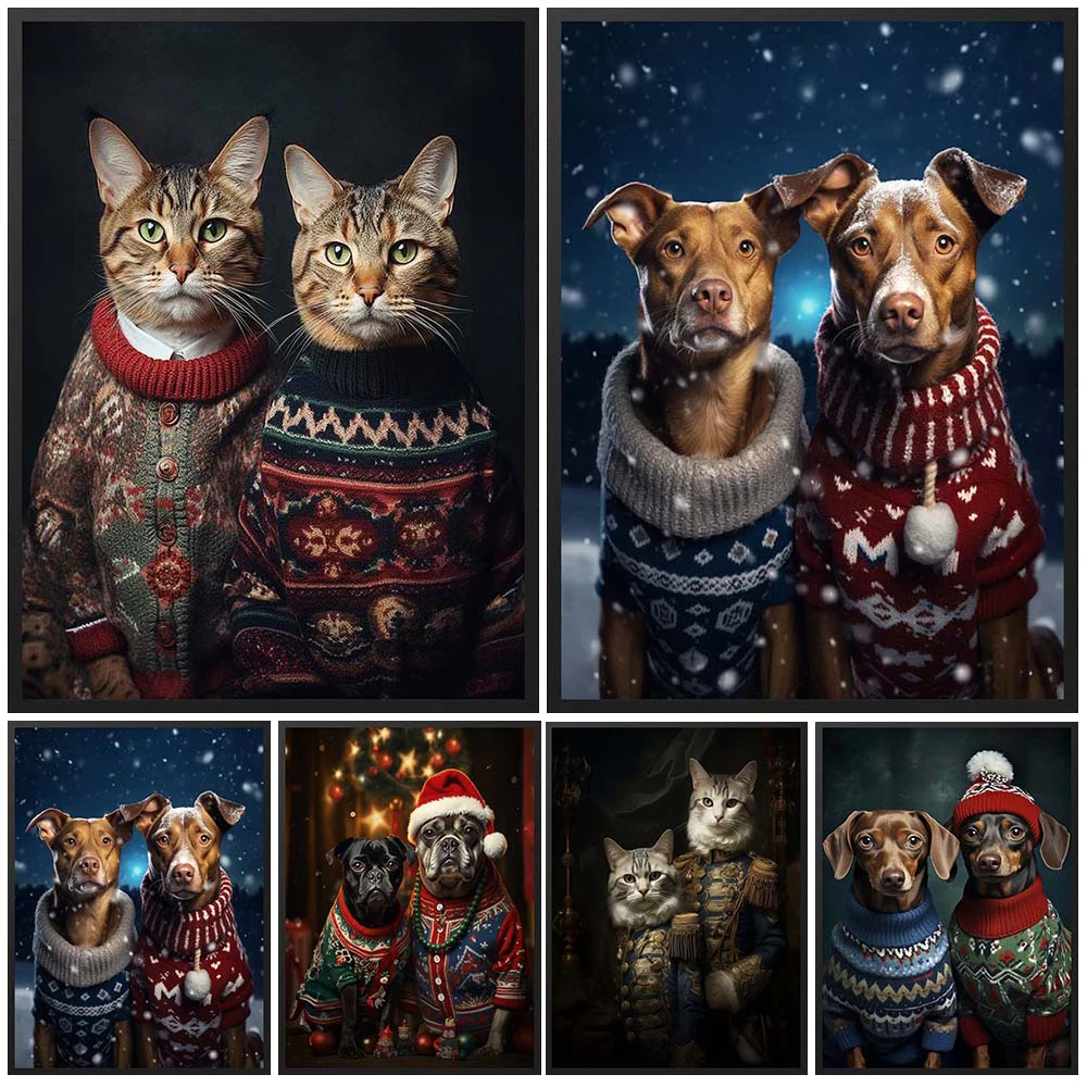 

Custom Animal Pet Dog Cat Christmas Posters Wall Pictures For Living Room Decor Vintage Poster Wall Art Canvas Painting Unframed