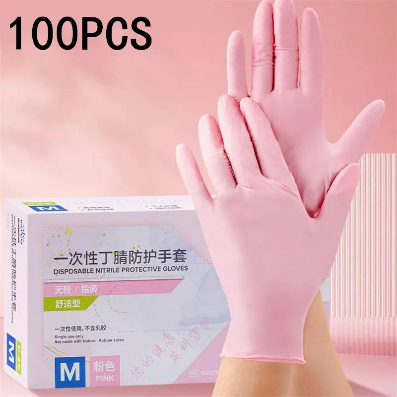 50/100PCS S//M/L Pink Nitrile Gloves, Disposable Gloves for Cleaning, Kitchen, Bathroom, Hair Dyeing, and Nail Trimming
