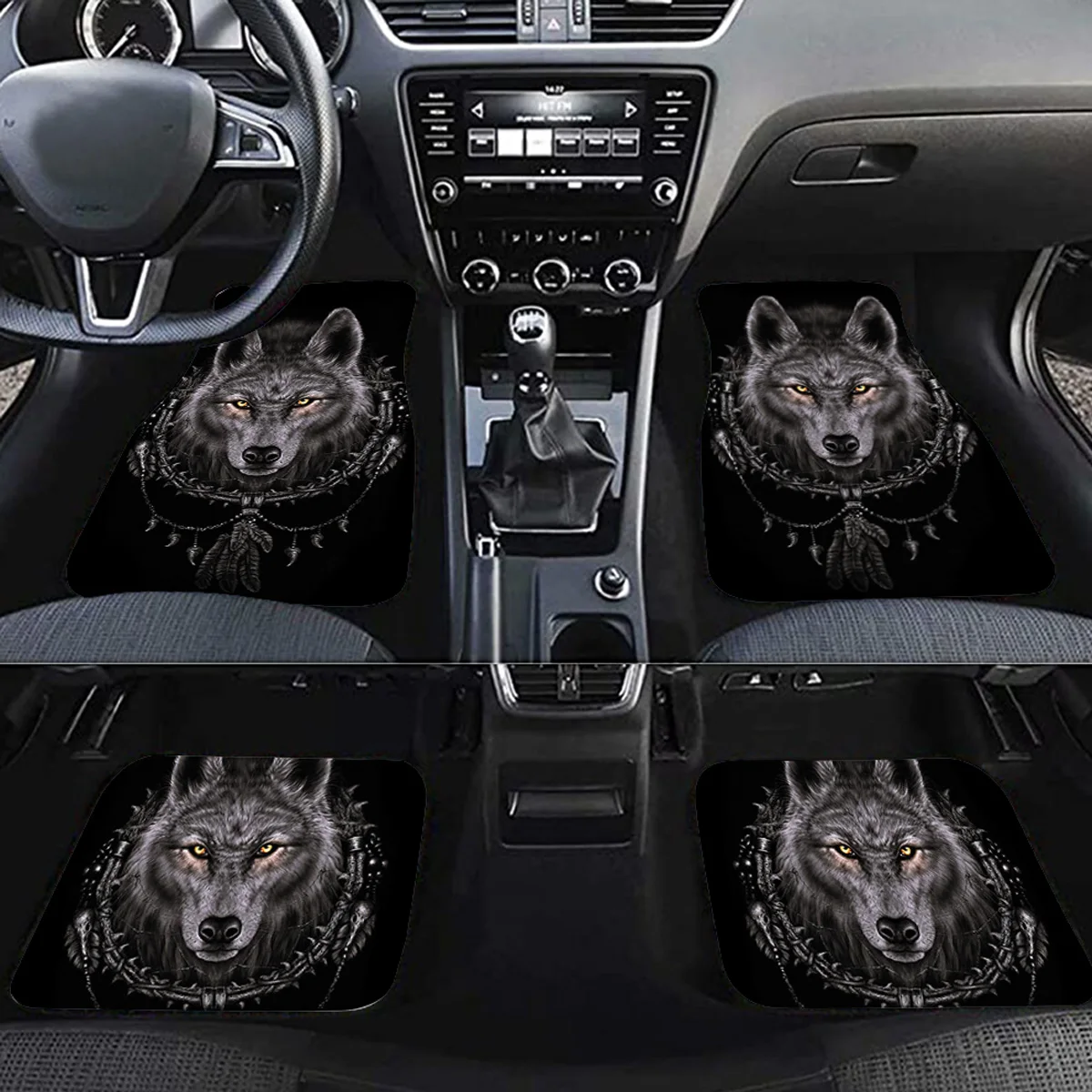 Black Wolf Printed Car Floor Mat Women's and Men's Complete Set of Automotive Accessories Universal 4-piece