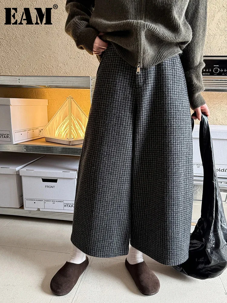 [EAM] High Waist Gray Plaid Thick Pocket Long Elegant Woolen Pants New Trousers Women Fashion Tide Autumn Winter 2025 1DH8136