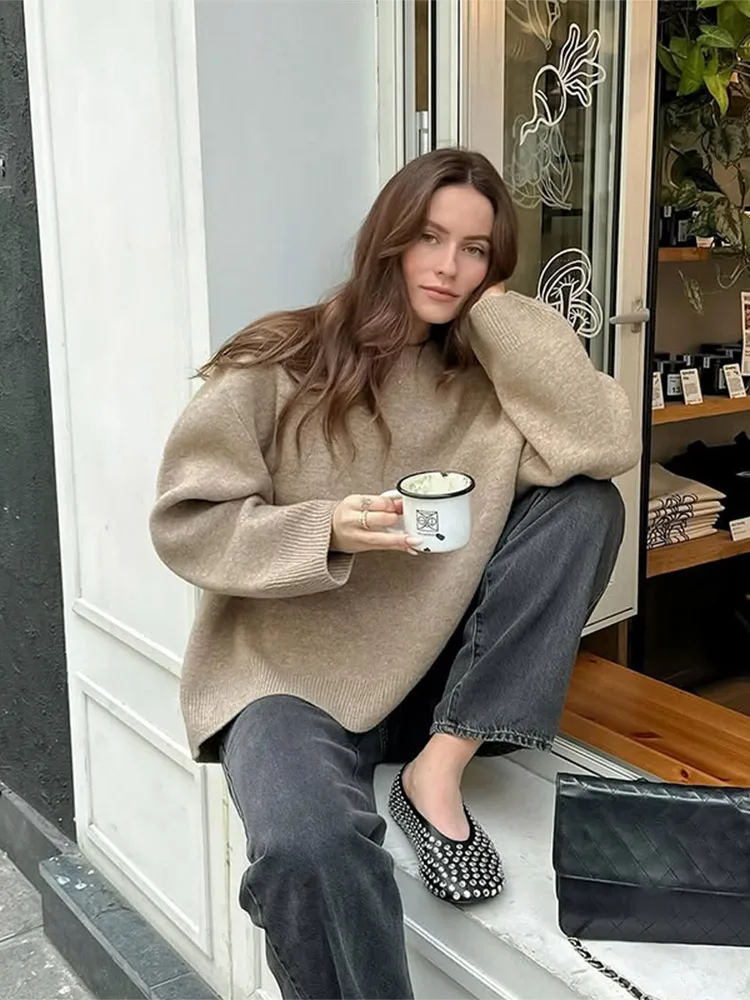 Feminino casual o pescoço de malha pulôver elegante sólido manga longa solta camisola curta 2025 outono inverno senhora rua malhas