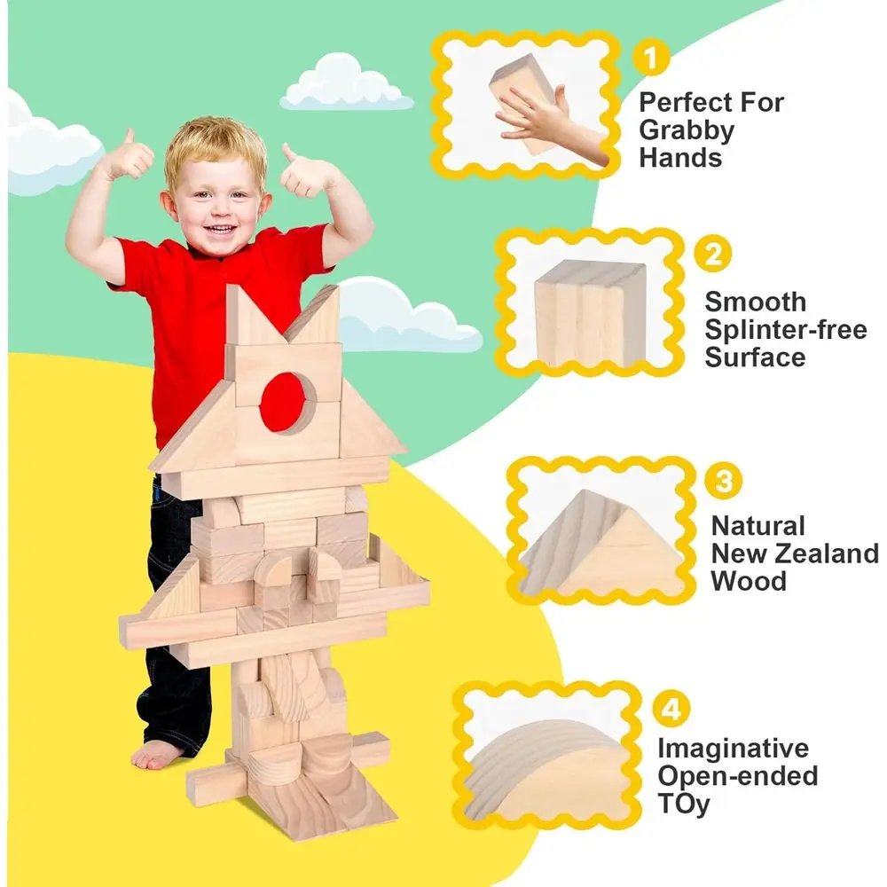 Set di blocchi da costruzione in legno naturale da 64 pezzi con contenitore per i più piccoli dai 3 anni in su - Giocattolo educativo prescolare per ragazzi e ragazze