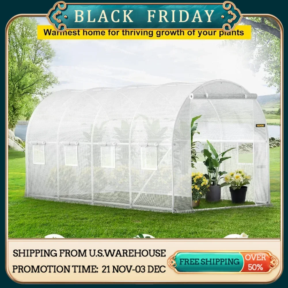 15 x 7 x 7 ft Walk-in Tunnel Greenhouse, Portable Plant Hot House, Diagonal Poles, Zippered Door & 8 Roll-up Windows, White