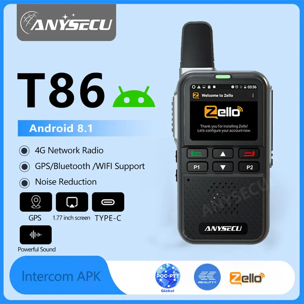 

ANYSECU T86 Ptt Global Mobile Walkie Talkie 4g Network GPS Android8.1 with Realptt/Xin Global/zello for Camping Ptt Global Radio