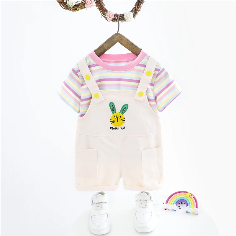 

Summer Baby Girls Clothing Sets Infant Short Sleeve Stripe Cartoon T Shirt Shorts Outdoor 2 Pieces Children Clothes Kids Outfits