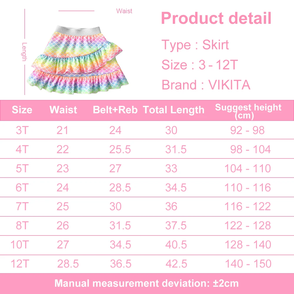 VIKITA Girls Mermaid Print Colorful Skirts Kids Ruffles Cute Fashion Layered Mini Ballet Skirt Girls Party Casual Princess Skirt