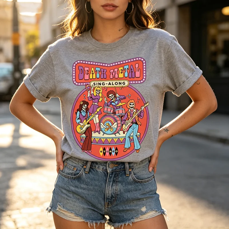 Vintage Death Metal Singalong Tee Retro Skeleton Rock Band Print Men Women Cotton Short Sleeve Trendy Streetwear Gift