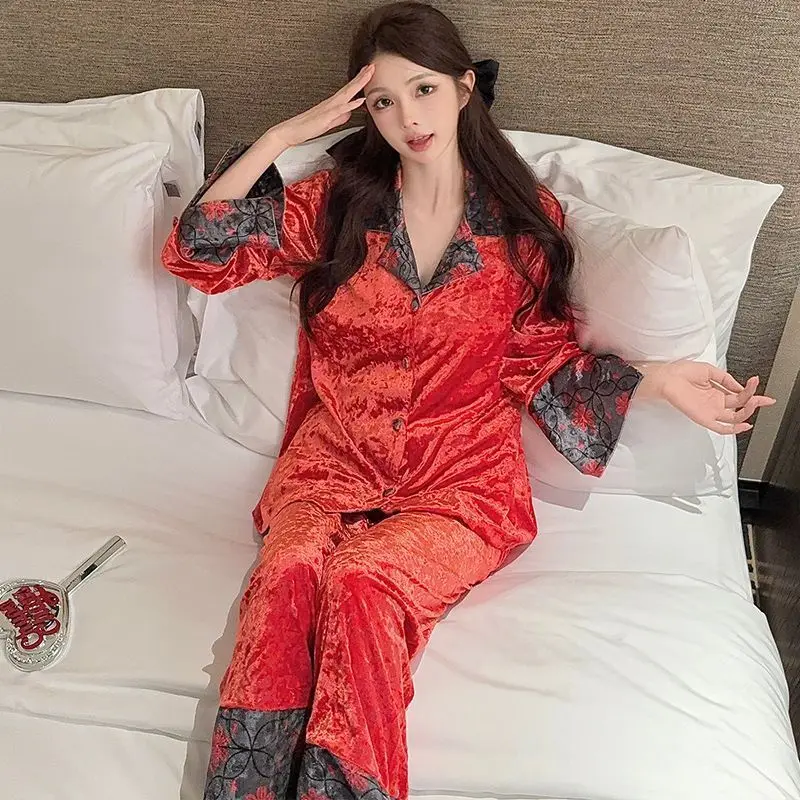 women Wedding Bride Cardigan Pajamas Two-piece Set Golden Velvet Chinese Style Autumn and Winter Loungewear Can Be Worn Outside