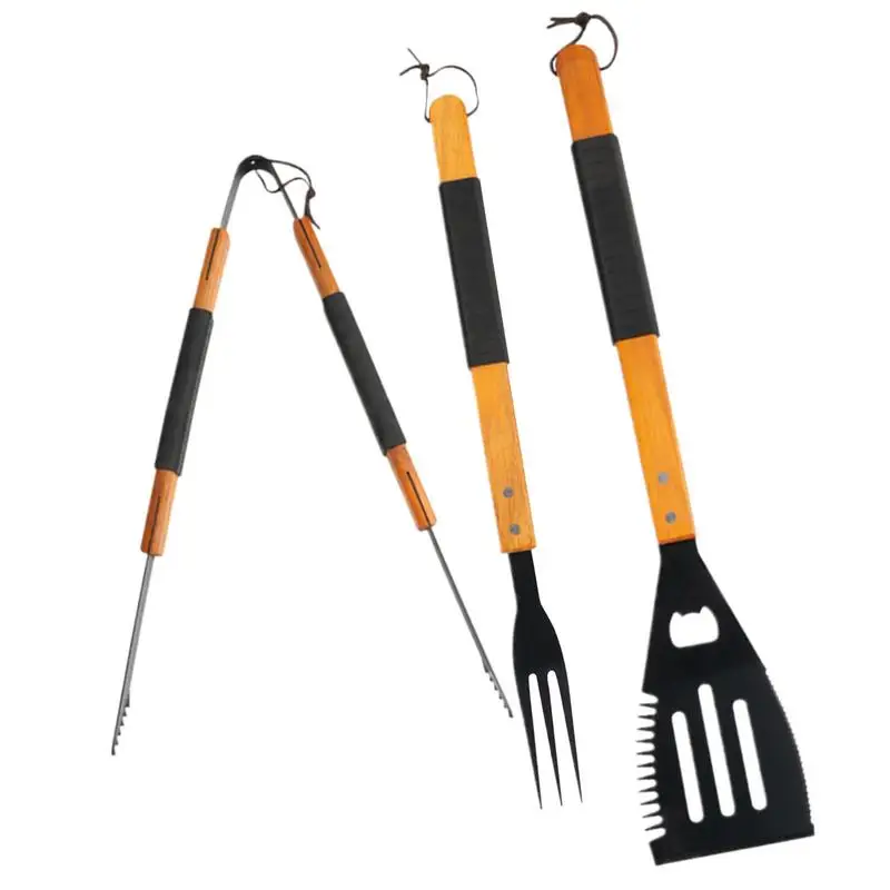 Manico in legno Set di attrezzi per griglia per barbecue griglie cucina campeggio all'aperto strumento per grigliare accessori per griglie per barbecue in acciaio inossidabile 3 pezzi