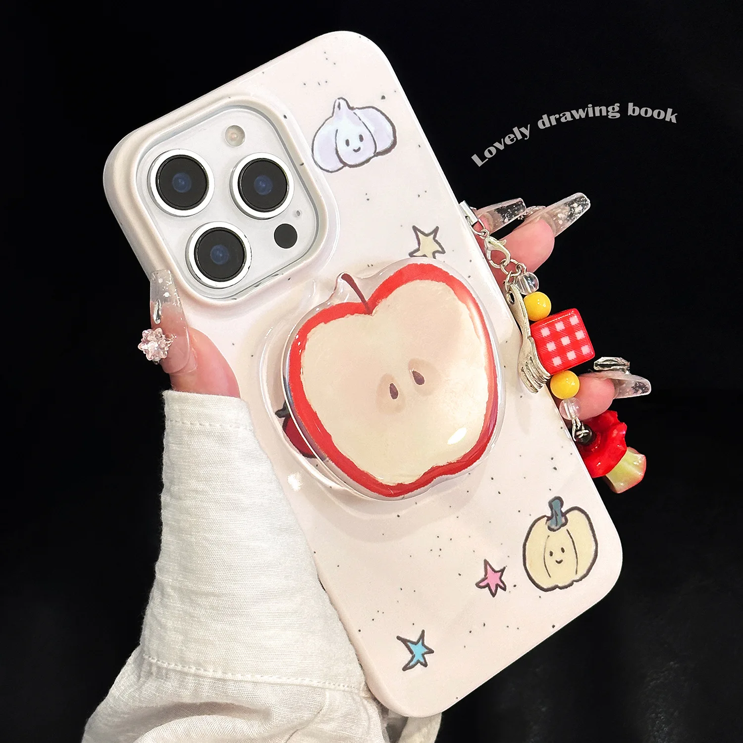 Funda de teléfono con soporte de manzana media roja, arte de Graffiti de calabaza y ajo para iPhone 16, 15, 14, 13, 12, 11 Pro Max Xr, funda bonita de dibujos animados