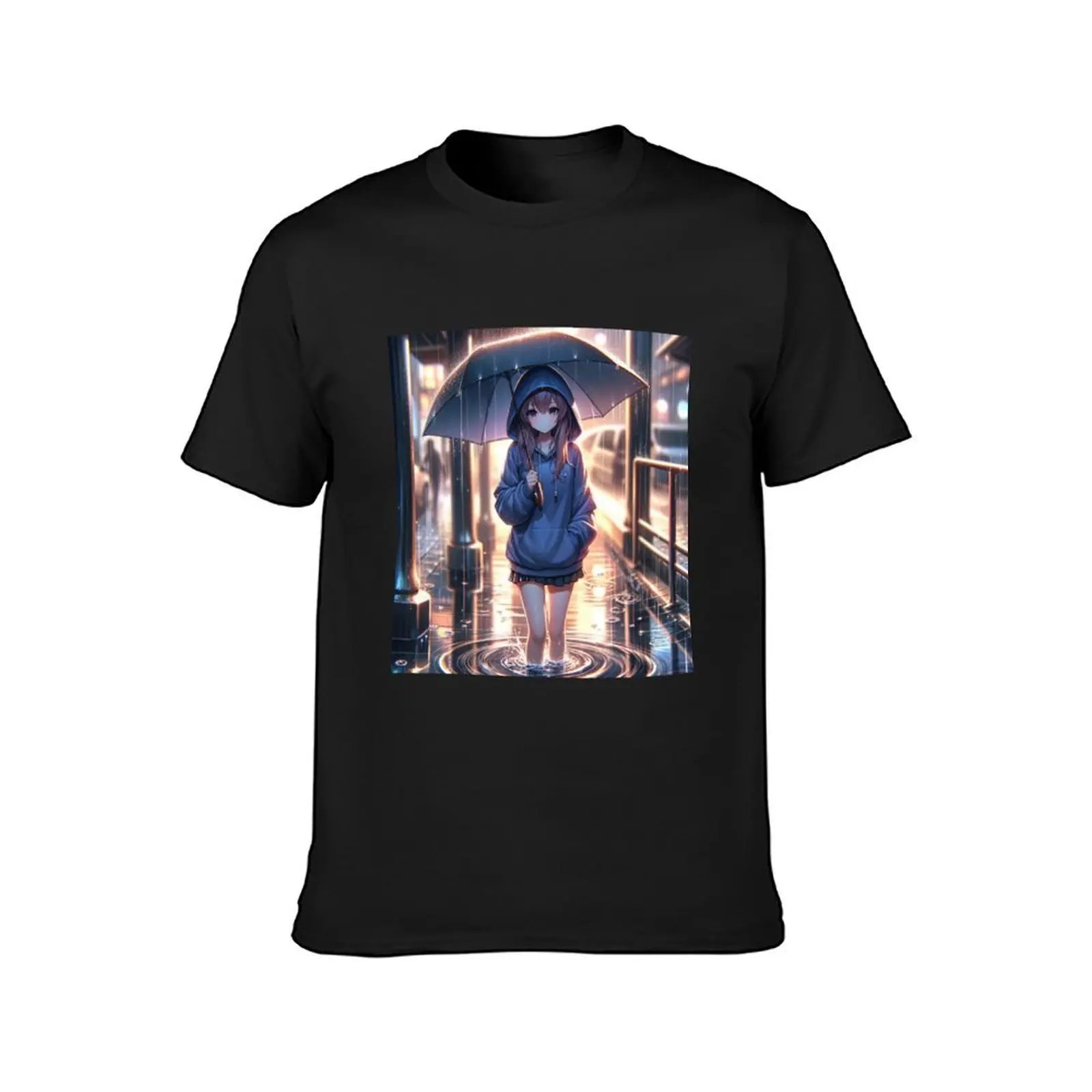 A solitary figure under an umbrella on a rainy night. T-Shirt Short sleeve tee plus sizes men clothes