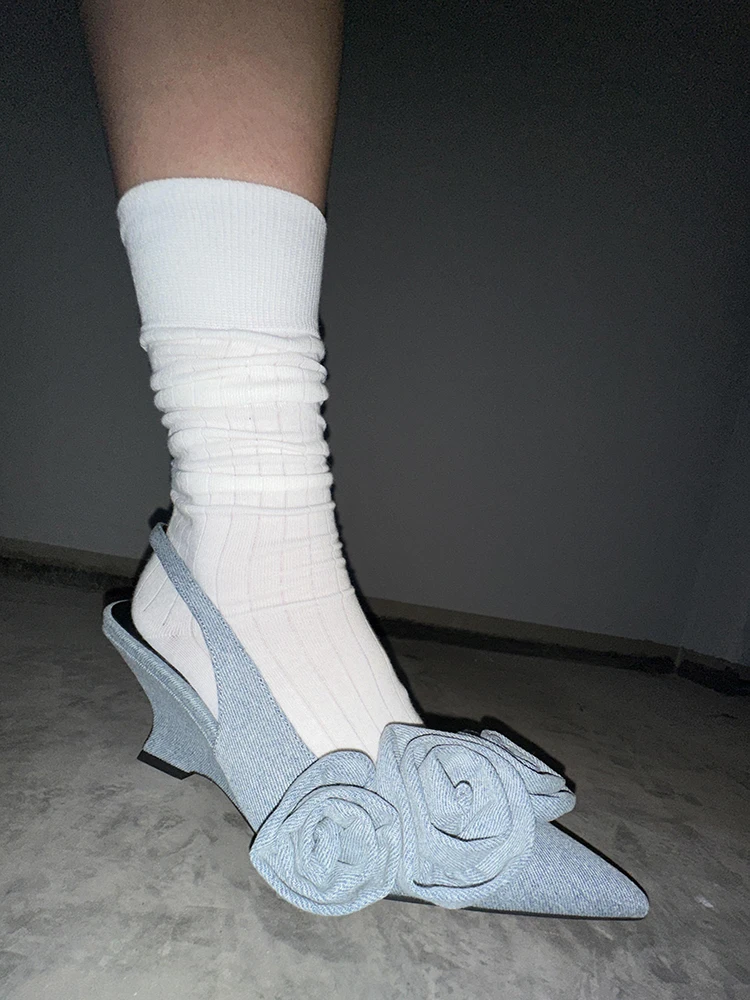 Denim Flower Wedges Sandals Pointy Toe Back Straps Fashion Women Summer Casual Shoes Sexy Lady Unique Street Dress Party Shoes image 4