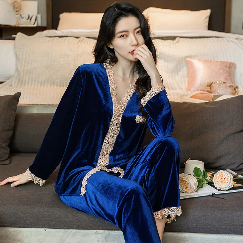 Lace Trim V-Neck Shirt Pants Women Autumn Winter Casual Velvet Warm Homewear Female Velour Pajamas Sets