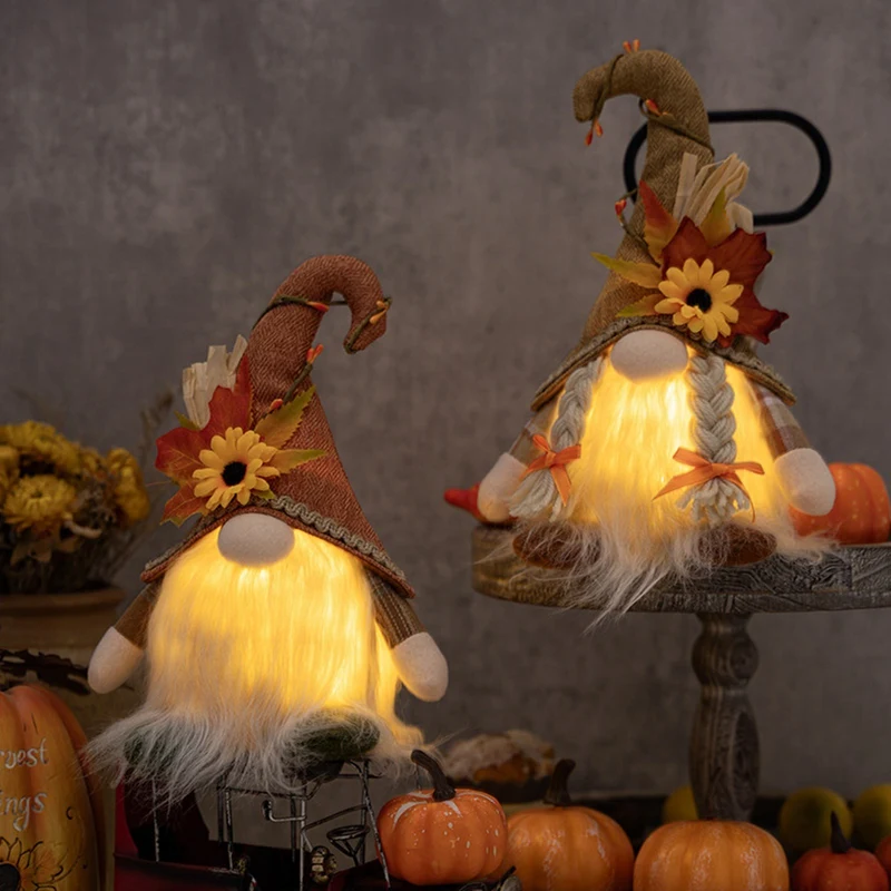 Thanksgiving Decoration Harvest Season Maple Leaf Straw Hat Short Legs Doll Goblin Dwarf Doll With Light Ornaments