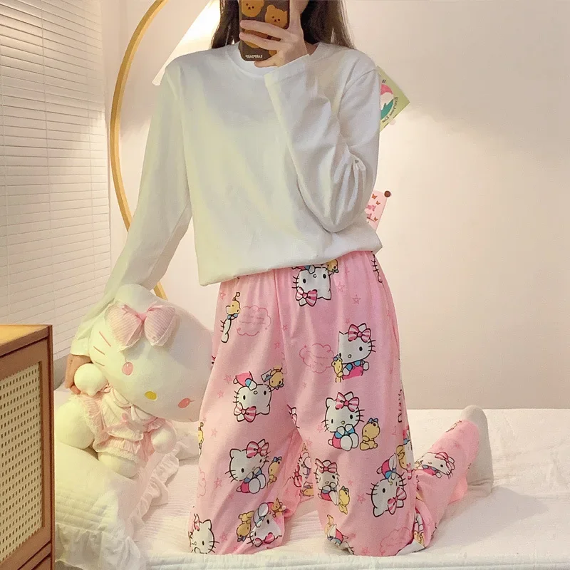 Sanrio Hello Kitty Cartoon Cute Pajamas Pink Women Loose Cotton Cartoon Casual Home Pants Spring and Summer Fashion Trousers