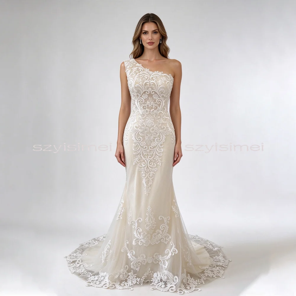One Shoulder Lace Applique Mermaid Wedding Dress Elegant Bridal Gown with Long Train for Women Vestido De Novia