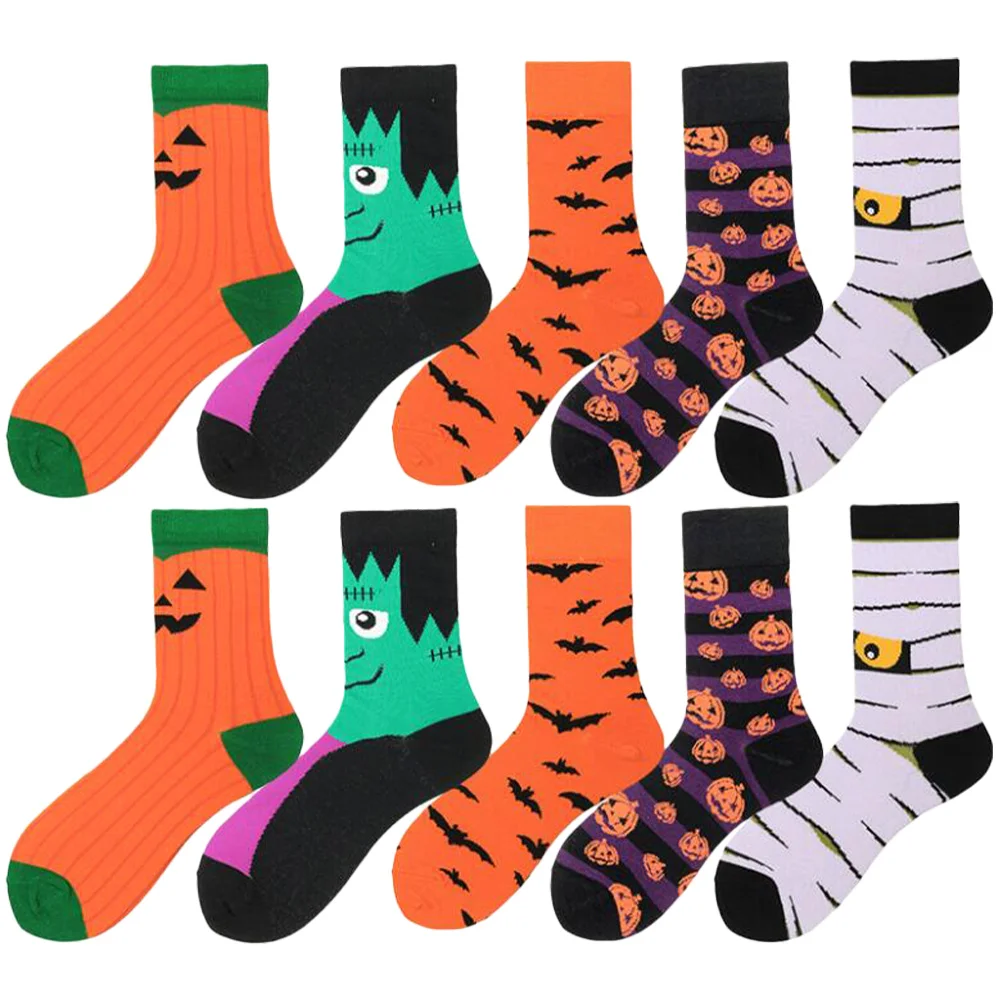 

5 Pcs Halloween Series Men's and Women's Mid-calf Socks Cotton Tube Pumpkin Cartoon Spandex Lovers