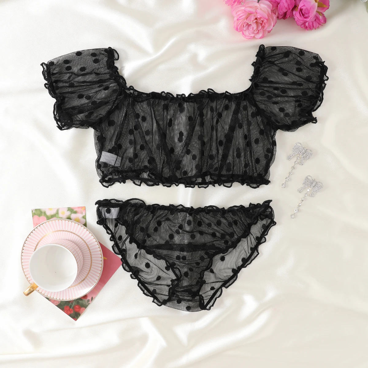 Conjunto de dos piezas transparente con hombros descubiertos para mujer, Sujetadores Sexys, picardías, lencería