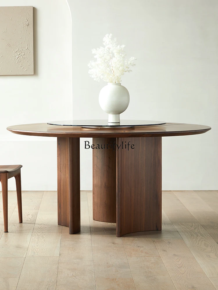 

Italian minimalist North American black walnut solid wood round table with turntable large round table