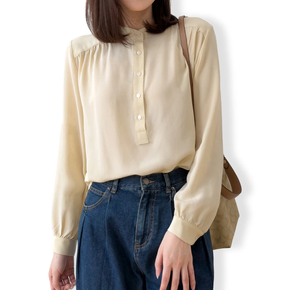 2026 Women's Spring Clothing Heavy 100% Natural Mulberry Silk Sand Washed Ghost Wrinkle Standing Collar Long Sleeve T-shirt