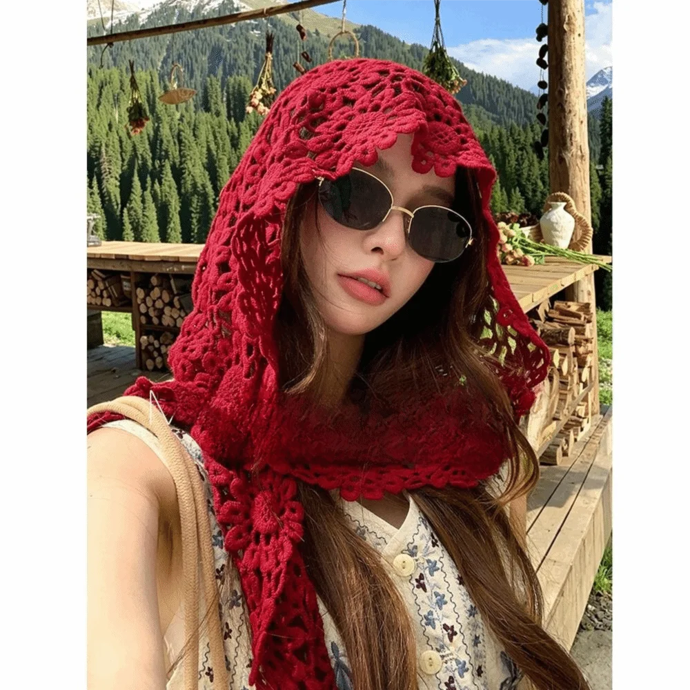 Bohemian Style Hollow Out Retro Knitted Hat Thin Handmade Pullover Beanie Multi-use Face Slimming Brimless Hat Summer