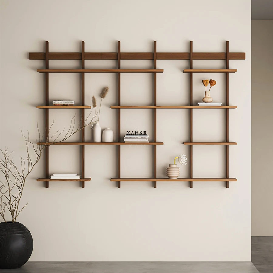 Japanese-style solid wood bookshelf living room  hanging shelf household display shelf Bogu shelf coffee shop wall