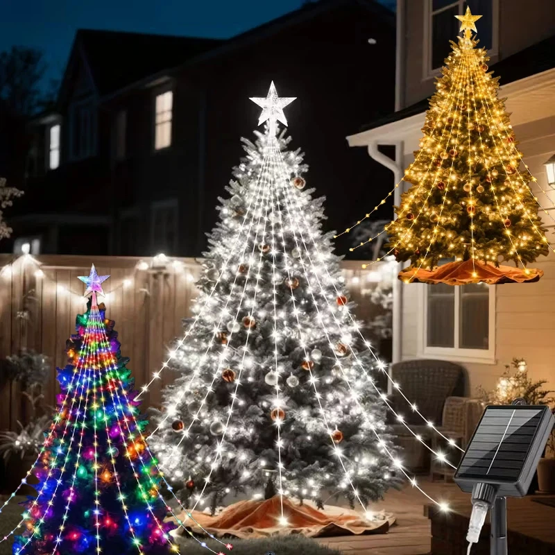 Christmas Tree Lights Led Waterfall Lights Outdoor Waterproof Solar Cord Five Pointed Star Christmas Home Decor Lights Halloween