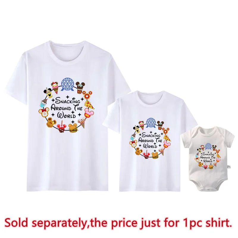 New Disney Snacking Around The World Funny Family Matching Shirts Cotton Dad Mom Kids Tees Baby Romper Family Look Trip Outfits