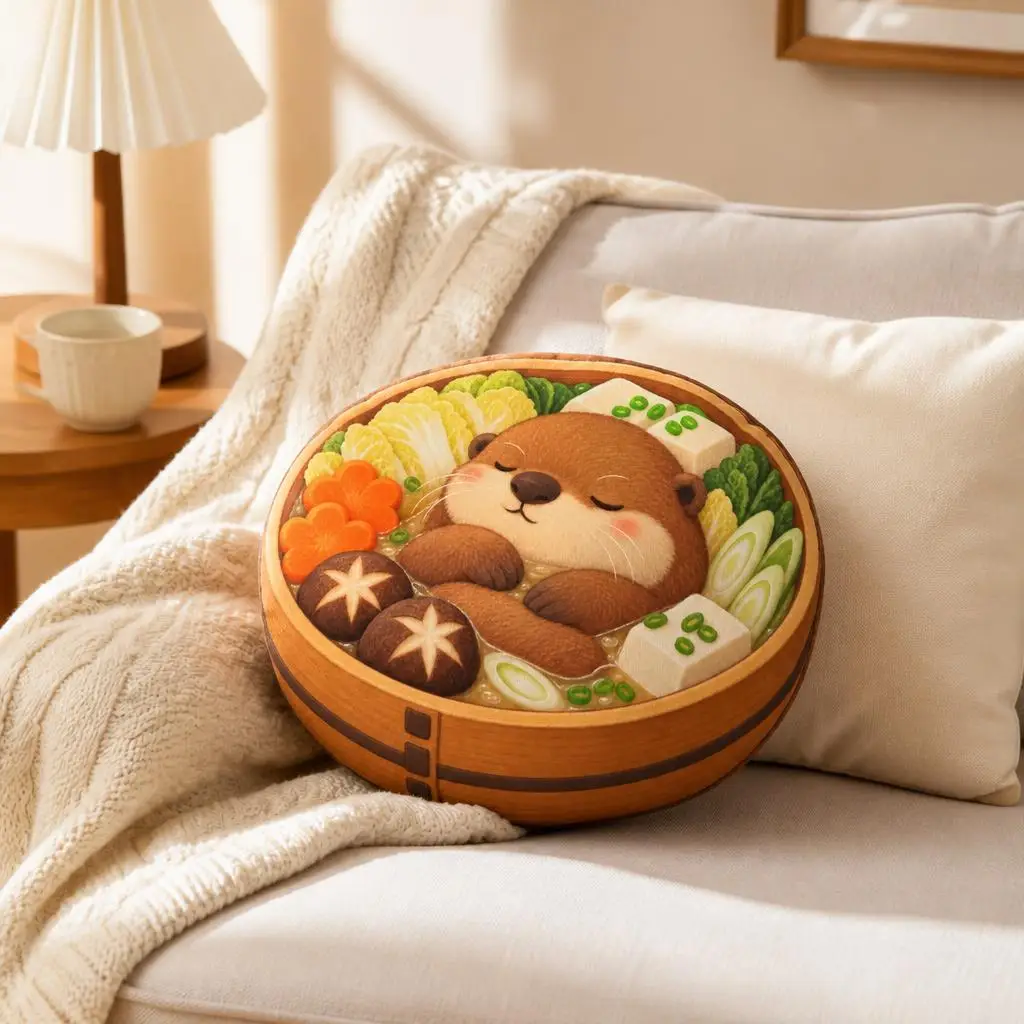 Sleepy Otter Hot Pot Shaped Pillow Cute Animal Cushion Stuffed Throw Pillow for Sofa Home Decor Food Lover Gift Living Room