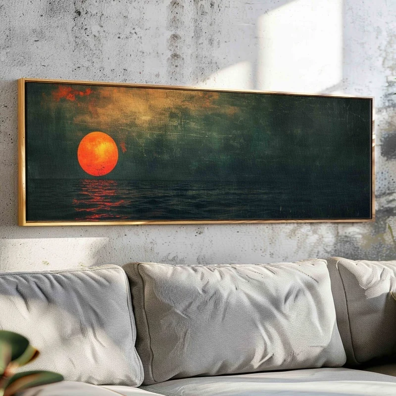 

Sunset Over The Emerald Green Ocean Pattern Minimal Horizontal Wall Art Unframed - Vintage Painting Print Boho Wall Canvas Art
