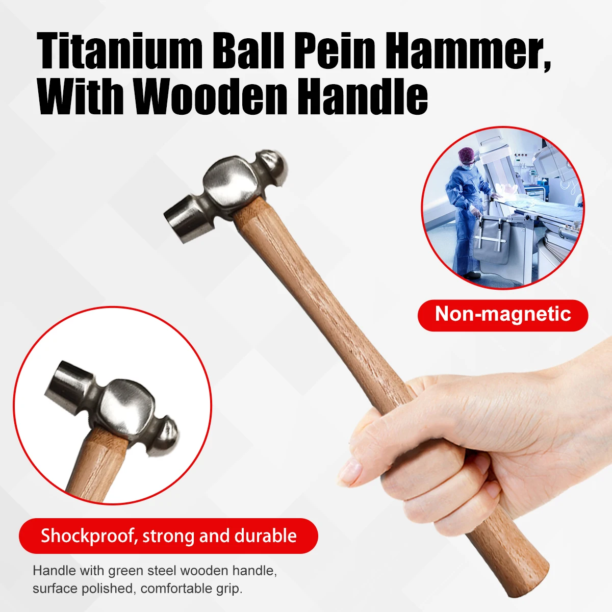 SFREYA T1084 Titanium Ball Pein Hammer, with Wooden Handle Non-magnetic Tools Corrosion-resistant Lightweight Tools