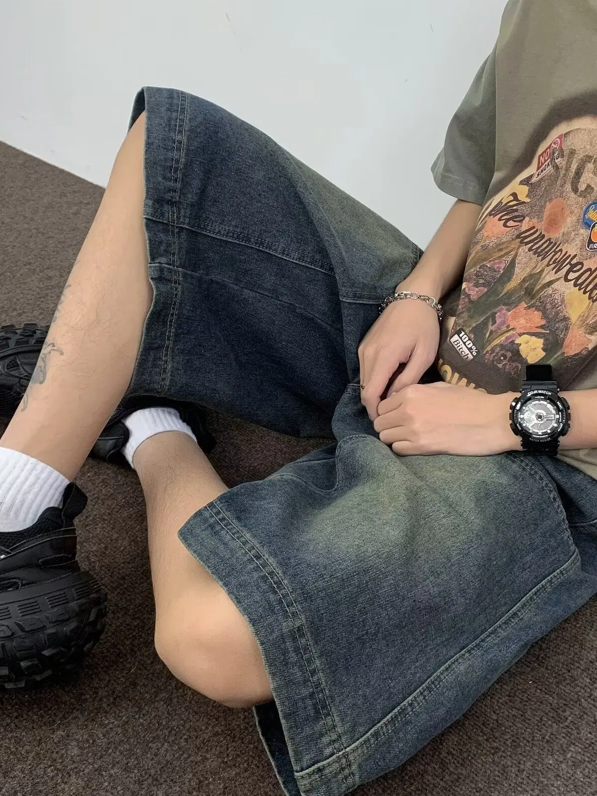 

Джинсовые лыжи с американской талией в стиле ретро, мужские летние модные прямые свободные широкие брюки, рабочая одежда, повседневные брюки средней длины пяти четвертей