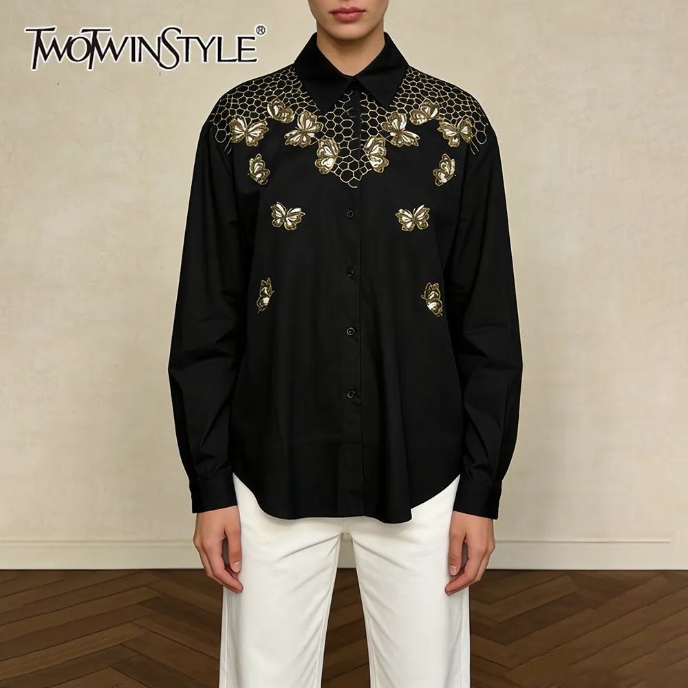 

TWOTWINSTYLE однотонная базовая рубашка с блестками, женские свободные корейские милые женские рубашки с лацканами и длинными рукавами, осенняя мода, новинка