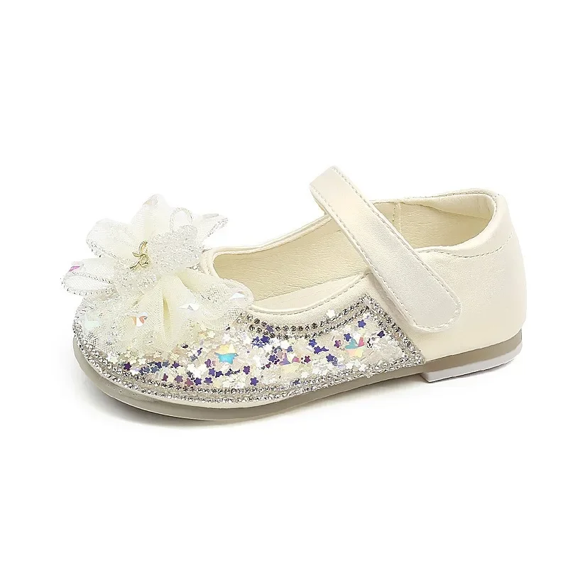 Kids Girls Soft Sole Leather Flats with Crystal Rhinestone Princess Design Non Slip Baby Shoes Fashion Size 22 To 31
