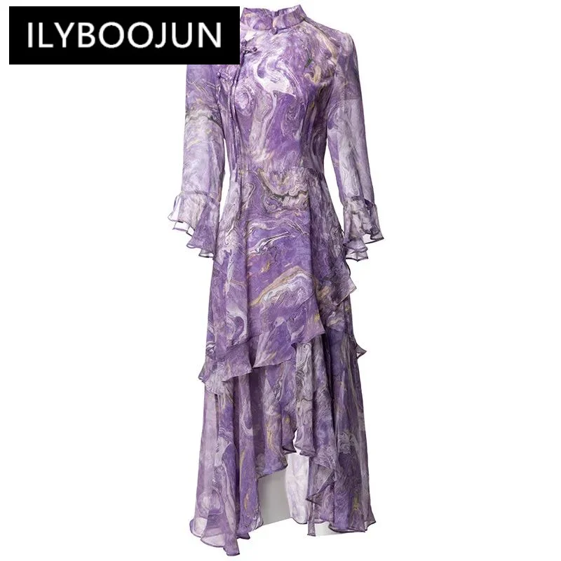 

ILYBOOJUN Fashion Women's New Chinese-Style Stand-Up Collar Flare Sleeved Vintage Flounced Edge Printed Irregular MIDI Dress