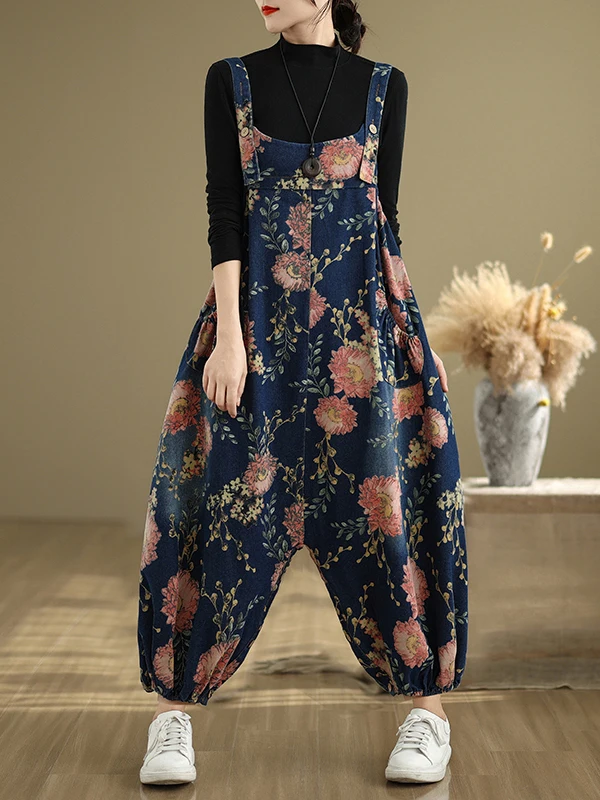 カジュアルなゆったりとした女性用デニムオーバーオール、ランタンパンツ、ハイウエスト、ストレートレッグ、コットン、カジュアル、プラスサイズ、女性用ファッション