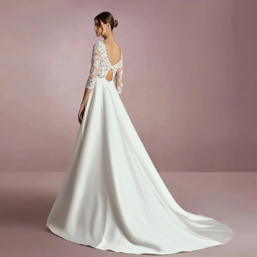 Fashion V Neck Wedding Dresses A Line Bridal Grown Three Quarter Sleeves Customized Applique Lace Open Back Vestidos De Novia