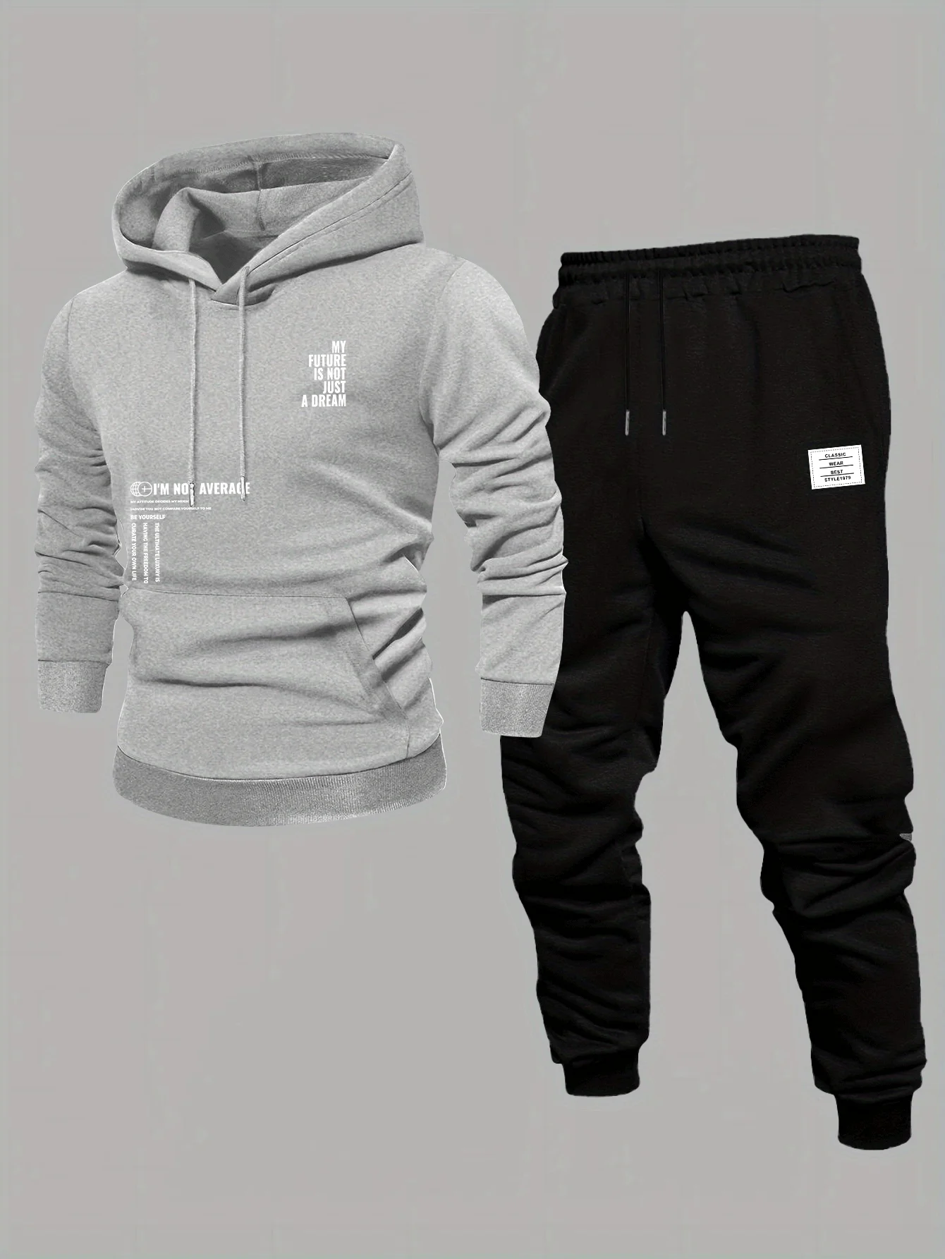 Men's Letter Print Tracksuit 2‑Piece Set Hooded Sweatshirt Jogger Pants Casual Streetwear Motivational Text Sport Outfit