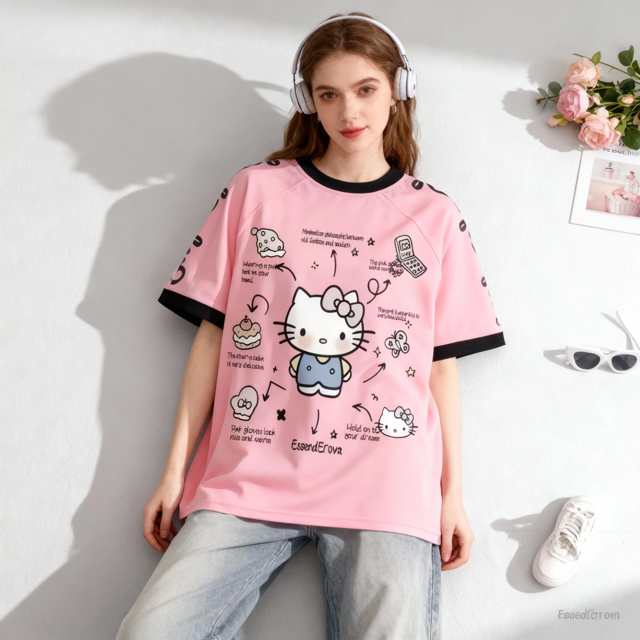 

Семейный фанат Sanrio HelloKitty Cat, милая и крутая летняя футболка в американском спортивном стиле, большие мужские и женские топы для взрослых