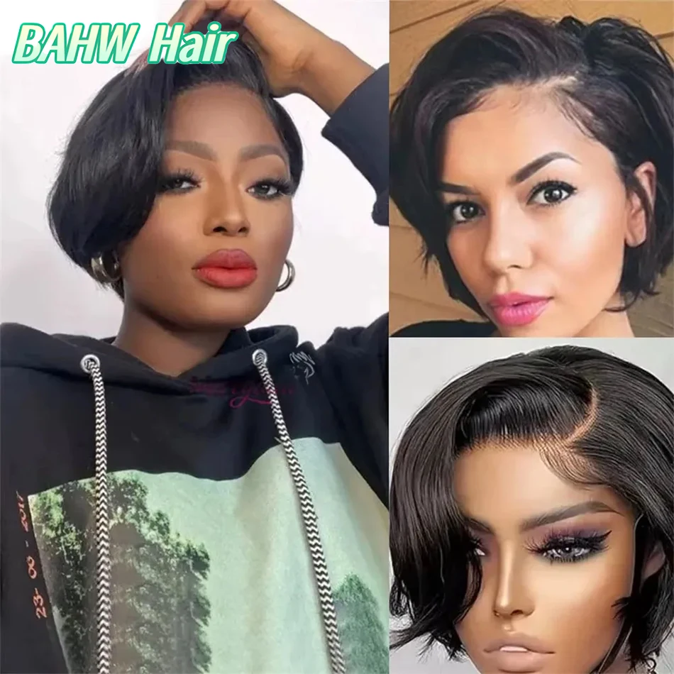 

Малайзийский прямой парик с стрижкой пикси, парик из натуральных волос 13X4x1, кружевной фронтальный парик с боковой частью, черный цвет, парик из натуральных волос, парик с стрижкой пикси