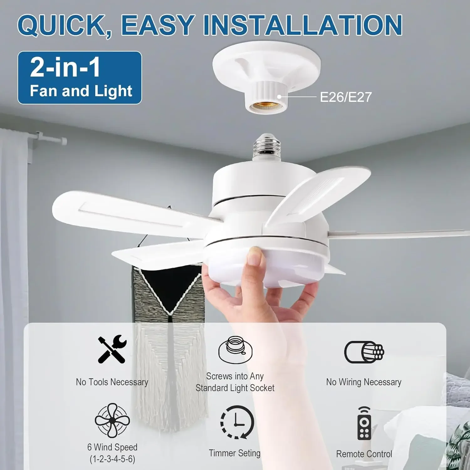 

Socket Fan Light, 15.7" Small Ceiling Fans with Lights and Remote Control, 6 Speeds, 1200 Lumens 3 Color 3000K-6000K Dimmabl