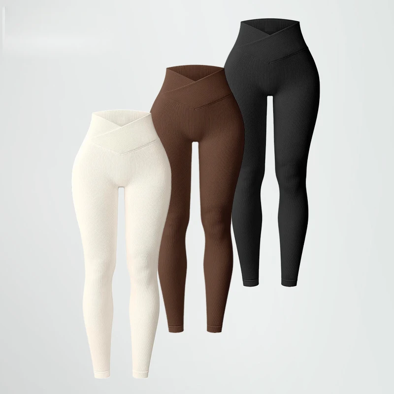 Calças de Yoga sem costura com cabeça roscada, Leggings esportivos, Calças de cintura alta Fitness, Desgaste de cintura cruzada