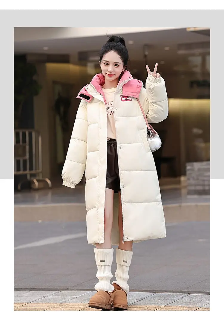 Long Hooded Puffer Coat Women Contrast Collar Warm Quilted Parka Zip‑Up Loose Windproof Winter Outerwear Ladies Padded Jacket