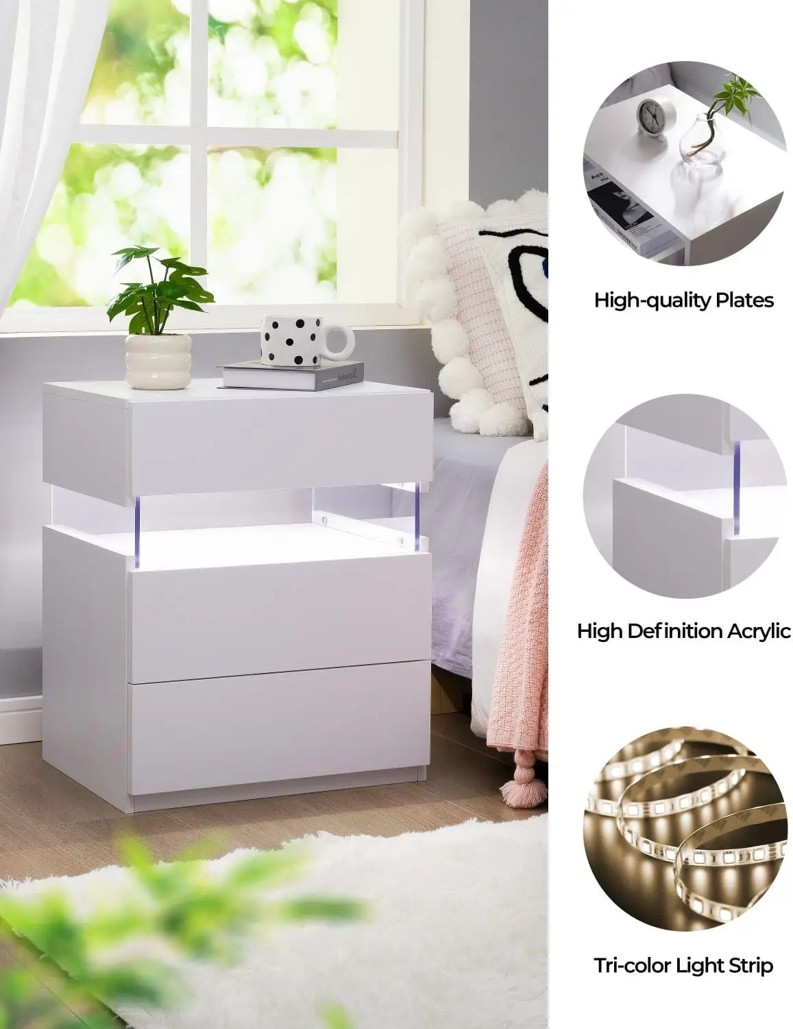 2 LED ナイトスタンド ホワイト 銃引き出し付き ベッドサイド テーブル 2 個セット ホワイト LED ライト 寝室用 ホワイト