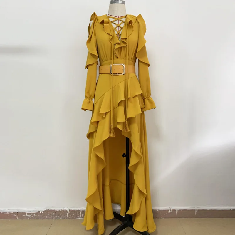 HKSH Summer New Women Elegant High Street Stylish Off Shoulder Long Sleeved Irregular Ruffles Waist Cinching Gown Dresses HK7103