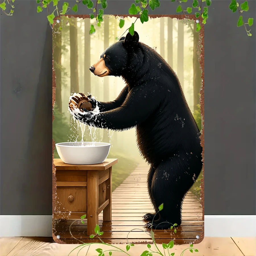 2D flat retro metal tin plate,  Vintage Black Bear Washing Rustic Tin Sign, Suitable for home, garage, café, bar and garden decoration