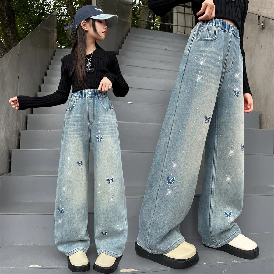 

Elegant Kids Girl New Spring Loose Straight Butterfly Jeans with Rhinestones Luxury Children Autumn Denim Pants Crystal Trousers