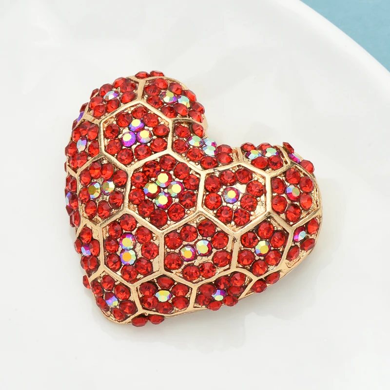 Wuli&baby Shining Heart Brooches For Women Unisex Red Rhinestone Love Party Office Brooch Pin Gifts